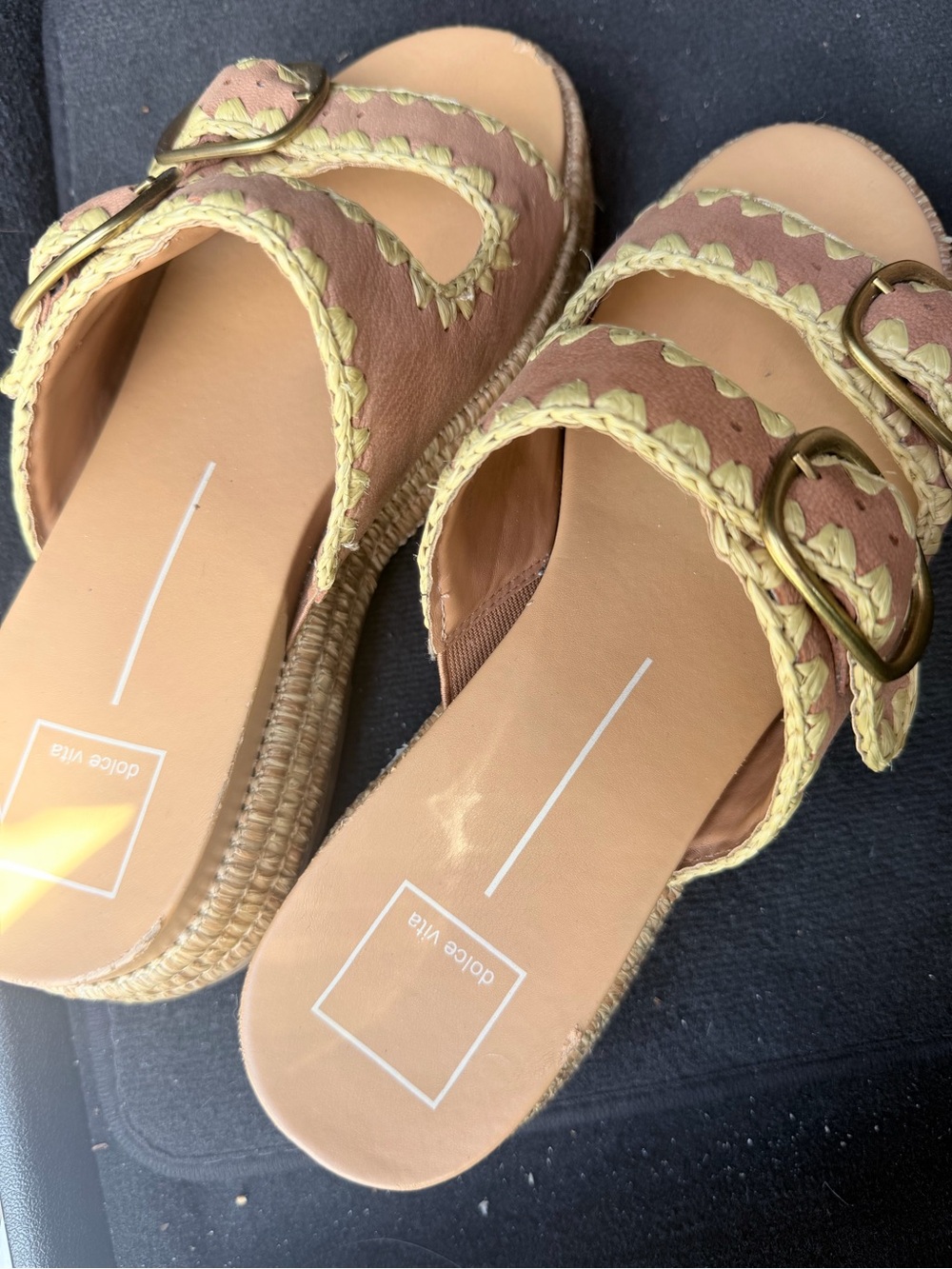 Dolce Vita Tan and Cream Braided Buckle Slide Sandals